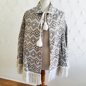 Poncho / Cream & Gold / Fringe / Fits up to Large